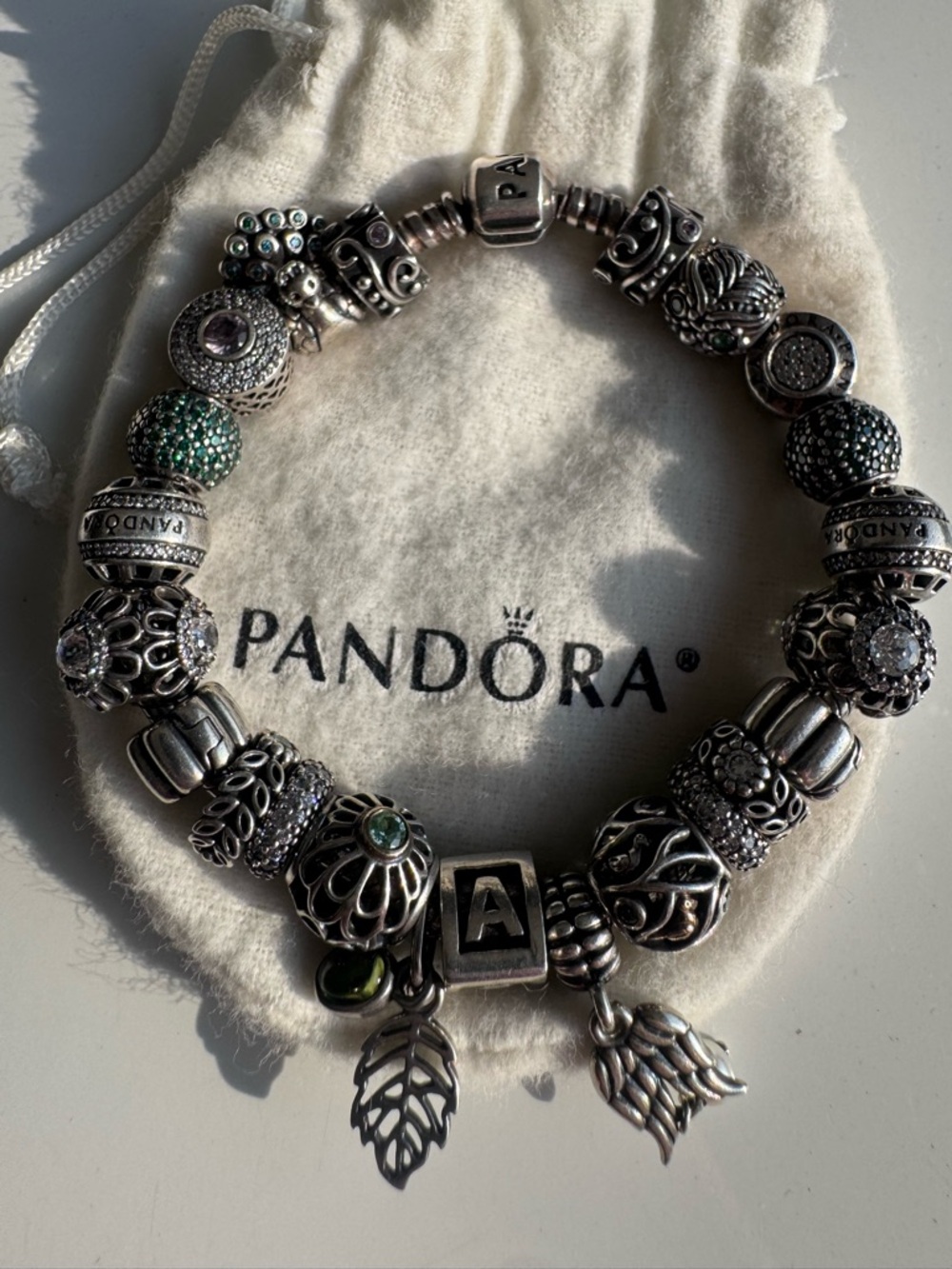 Pandora Silver Bracelet with Green and Clear Accents